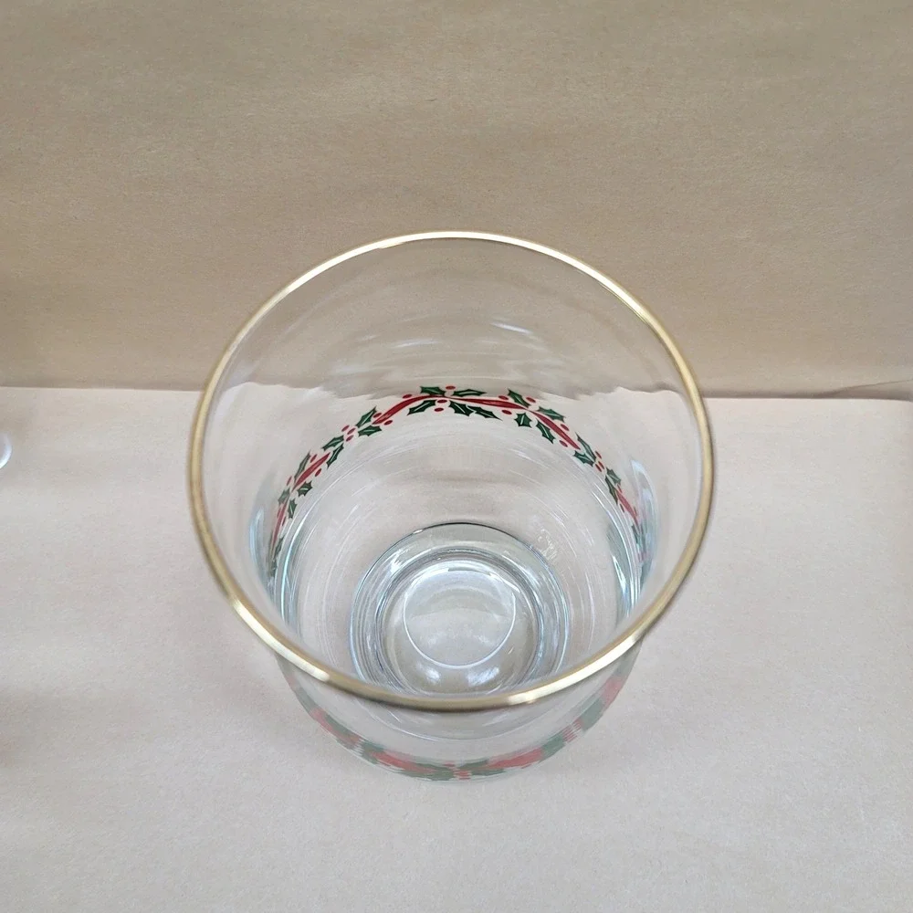 Libbey Christmas Holly Ribbon Gold Rim Footed Glasses Set of 6 Holiday Tumblers